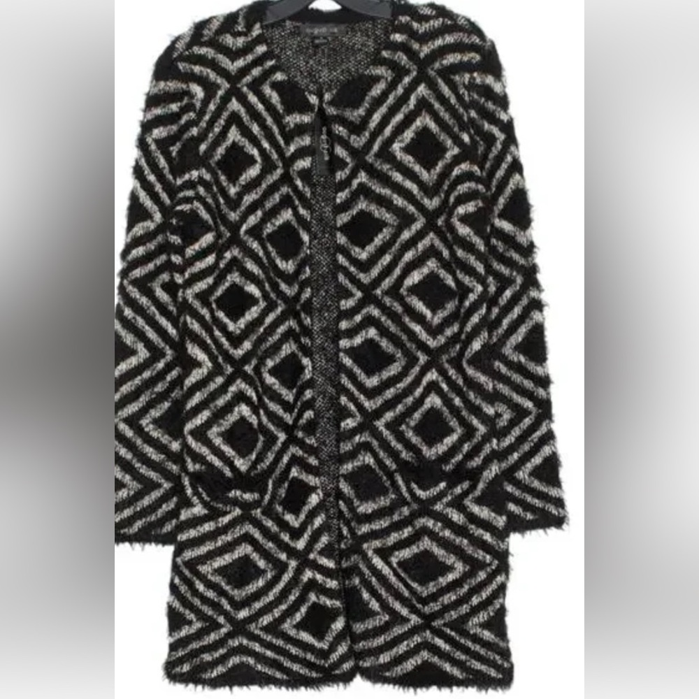August Silk Black/White Fuzzy Eyelash Yarn Open Front Sweater Coat Sz M